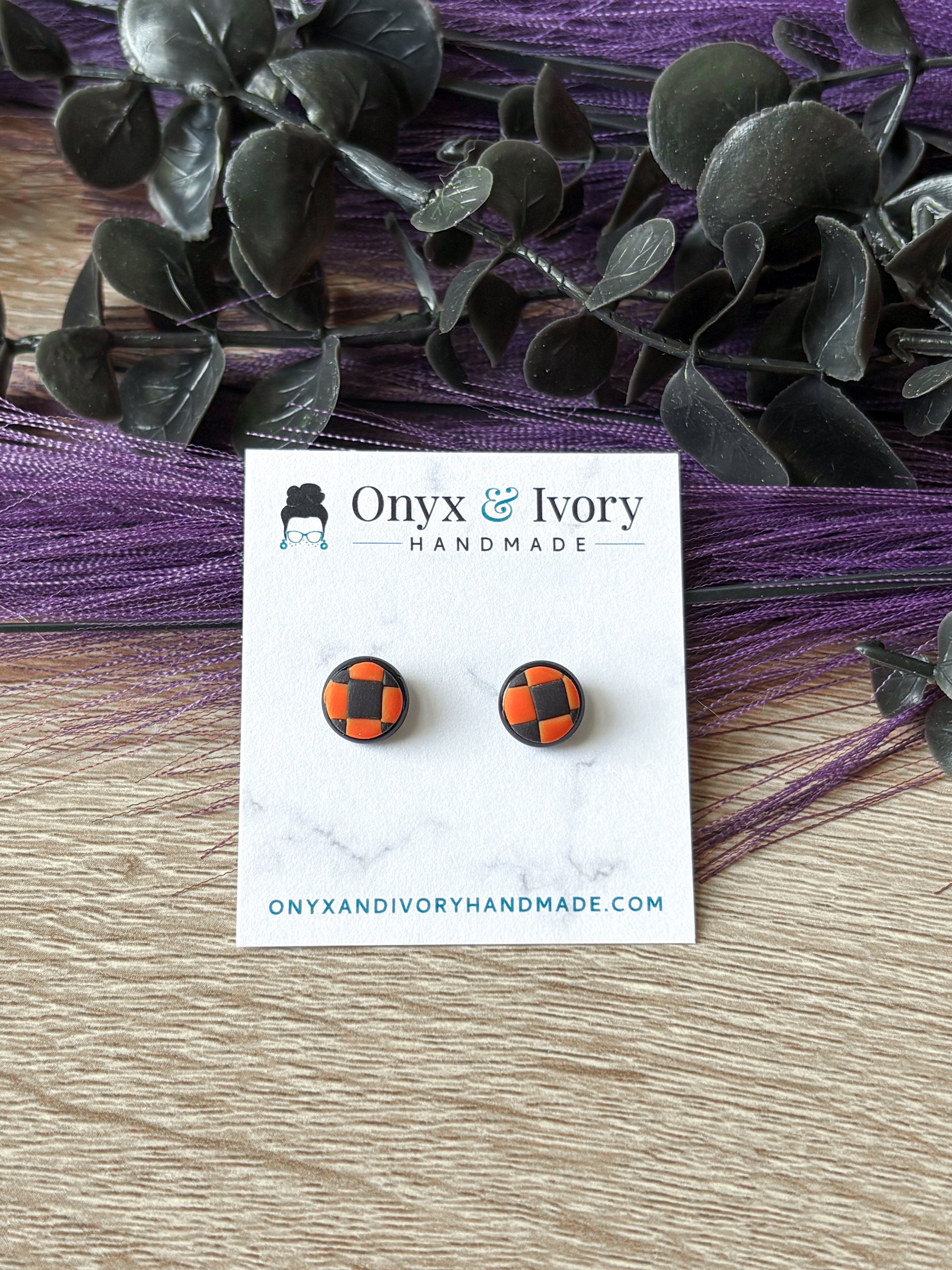 Black & Orange Checker Print Micro Studs