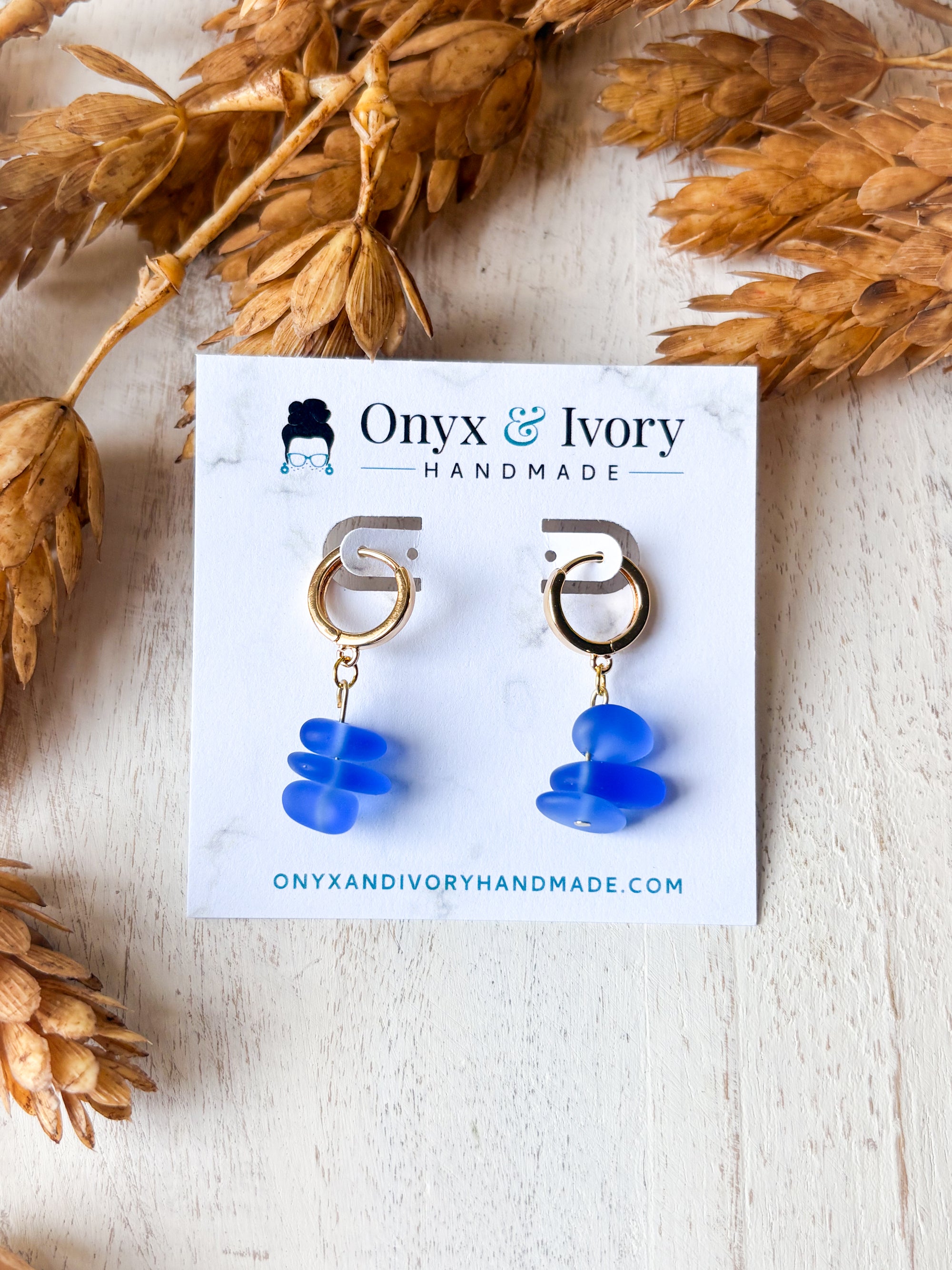 Cobalt Sea Glass Huggie Hoops