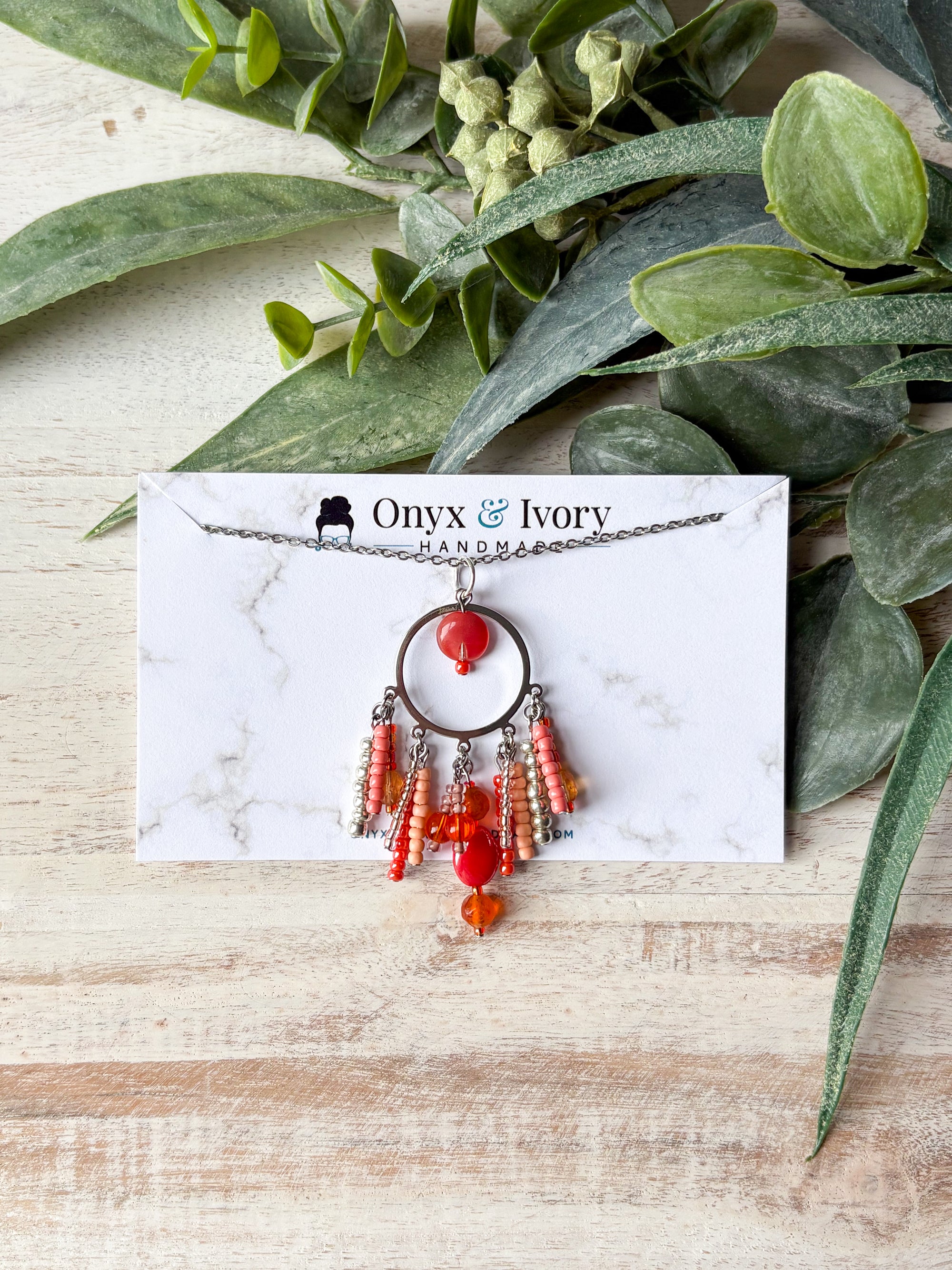 Coral Kiss Beaded Pendant Necklace