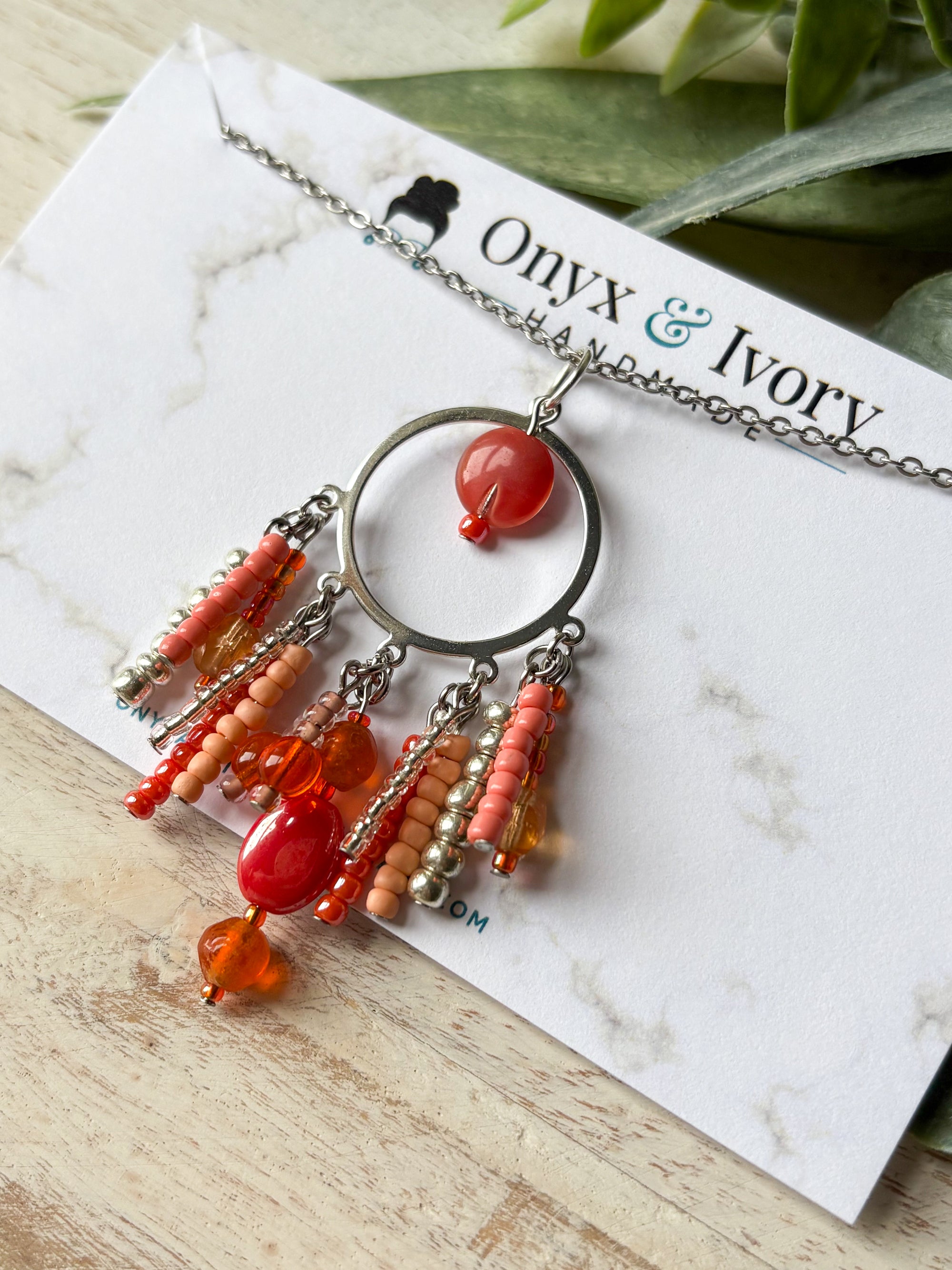 Coral Kiss Beaded Pendant Necklace