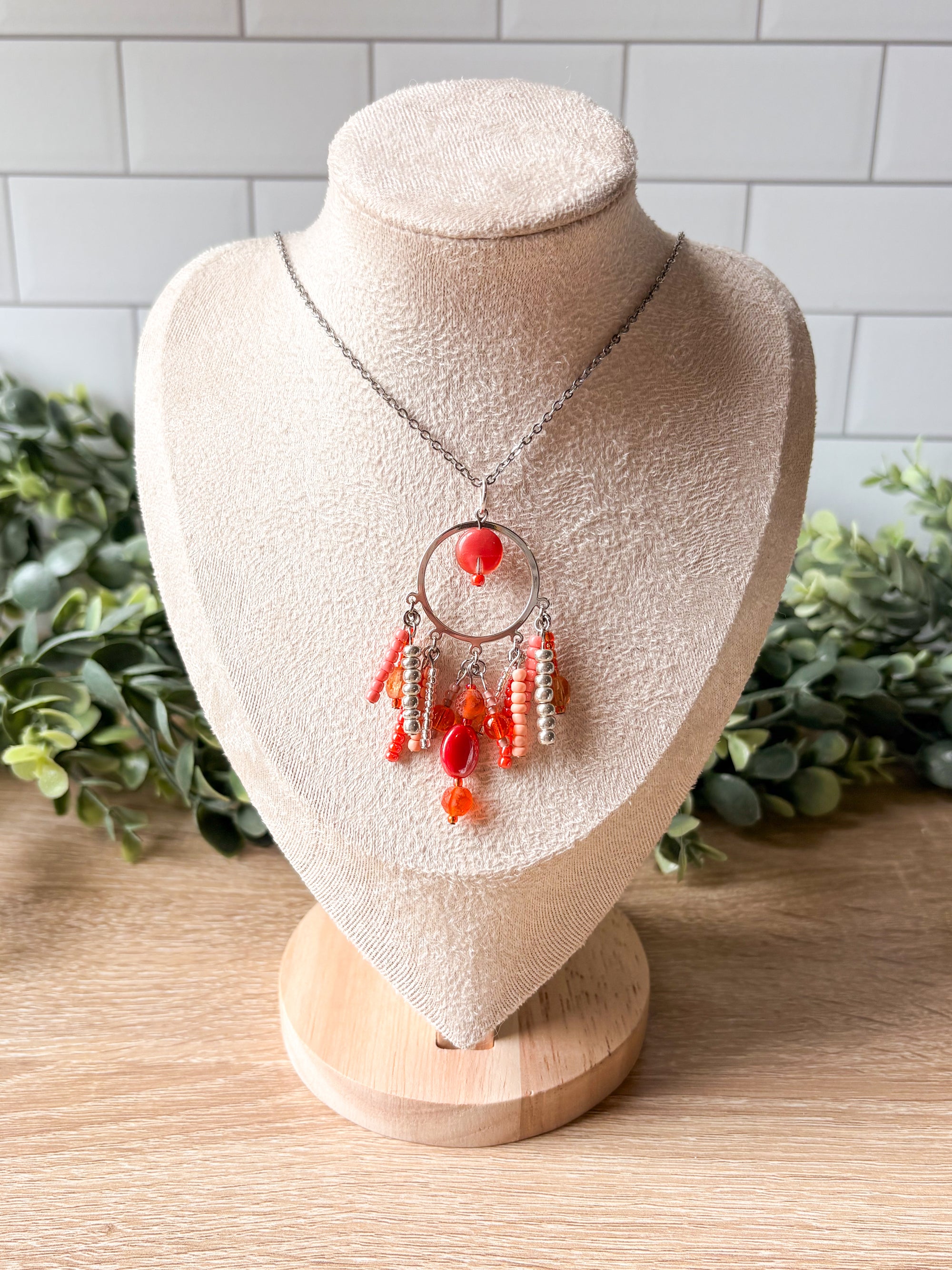 Coral Kiss Beaded Pendant Necklace