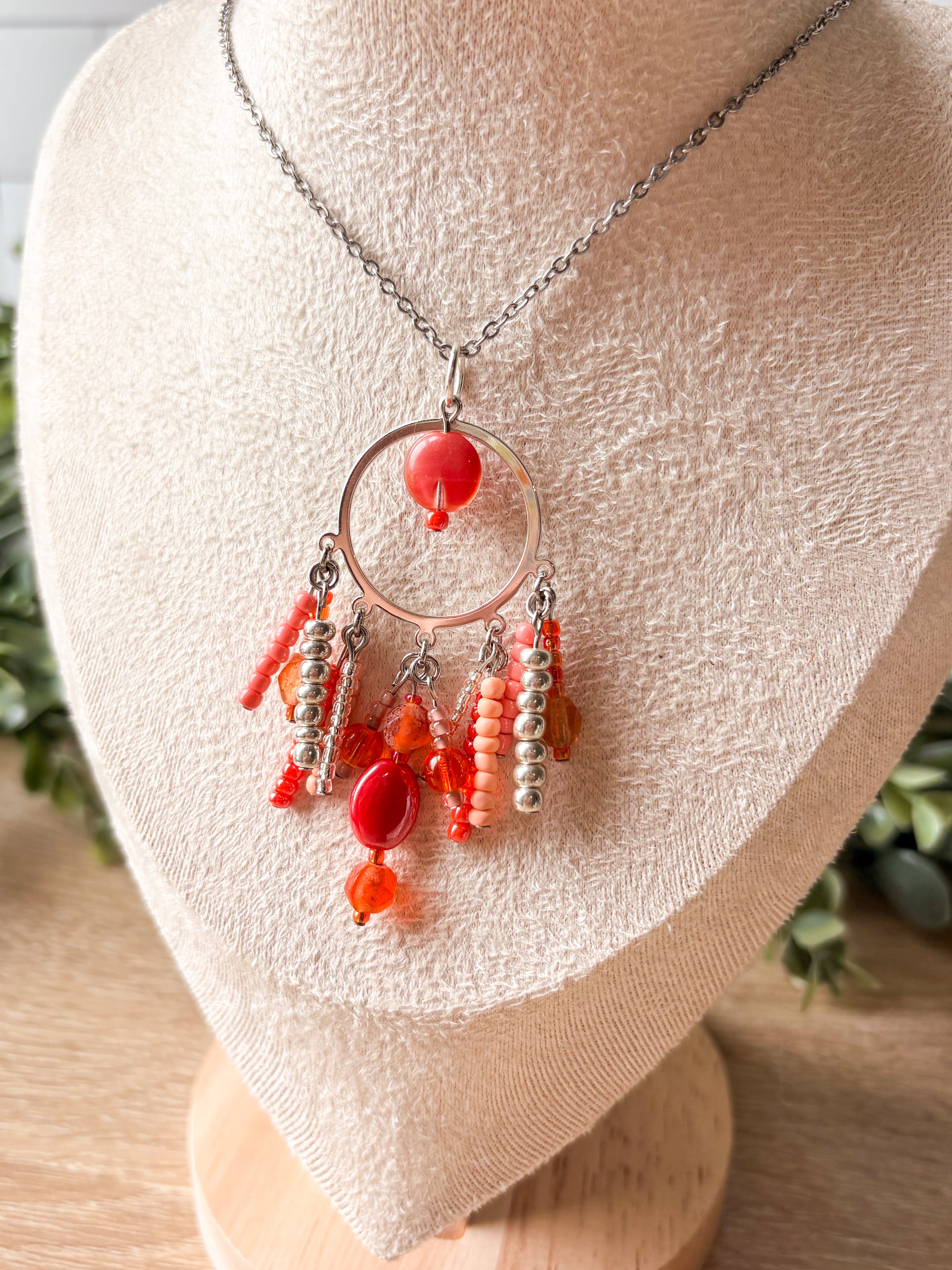 Coral Kiss Beaded Pendant Necklace